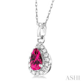 5x3 MM Pear Shape Pink Tourmaline and 1/20 Ctw Single Cut Diamond Halo Semi-Precious Pendant with Chain in 14K White Gold